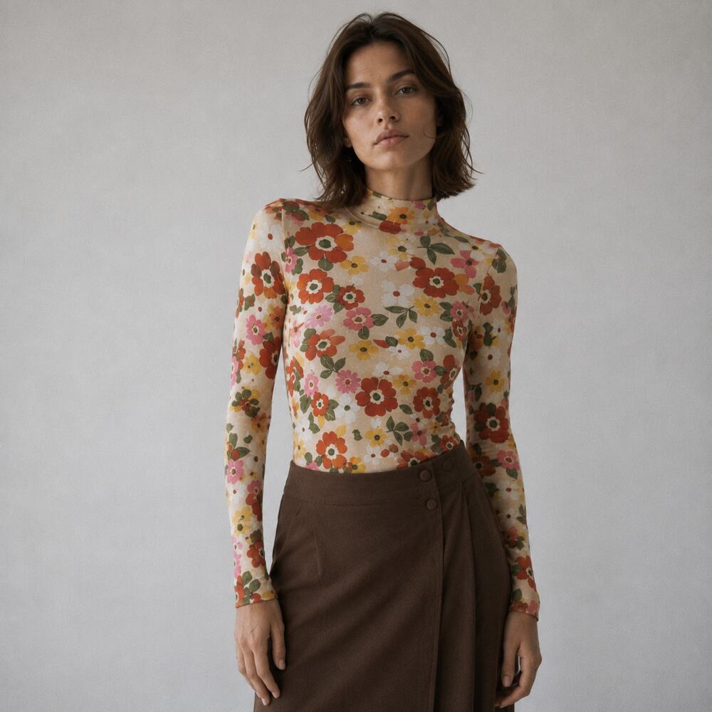Sezane Floral Long Sleeve Mock Neck Top in Cream Multi